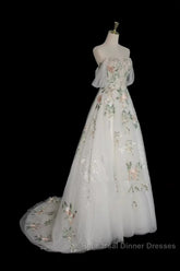 A-Line Tulle With Flower Lace White Wedding Party Dress, White Tulle Evening Dress Semi Formal Prom Dress